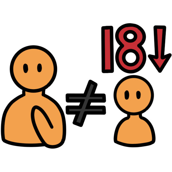 a 'not equal' sign between an adult gesturing to themselves, and a child with a red number '18' above them, and an arrow pointing down.